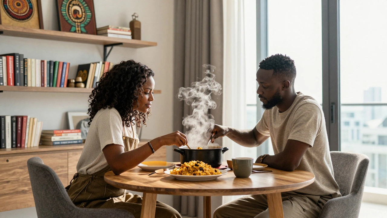 A woman and man cooking jollof rice together in a cozy Dubai apartment, books and art in background.