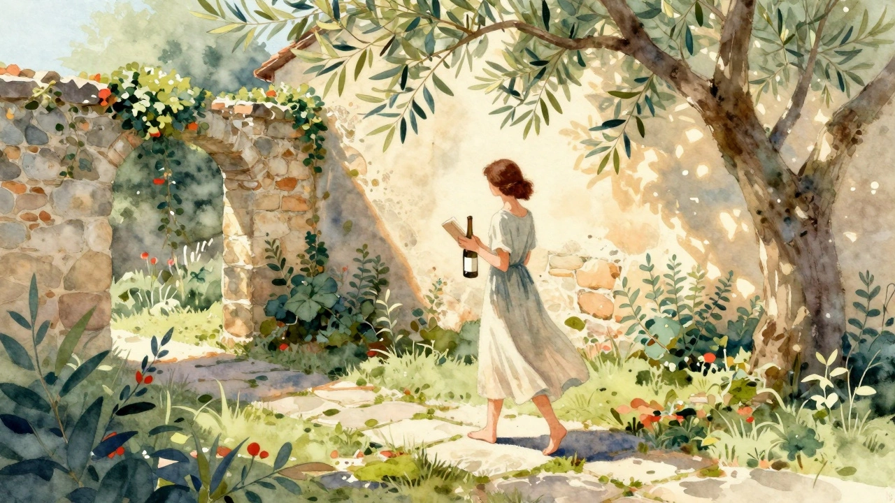 A woman walks through a hidden garden in Aix-en-Provence, holding wine and a book under dappled sunlight.