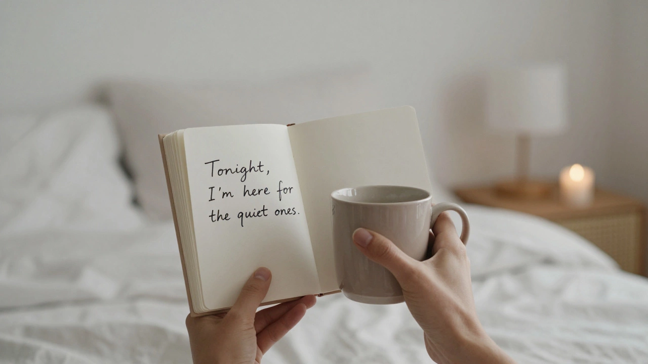 Hands holding a mug beside a journal, with linen and candlelight suggesting mindful presence.