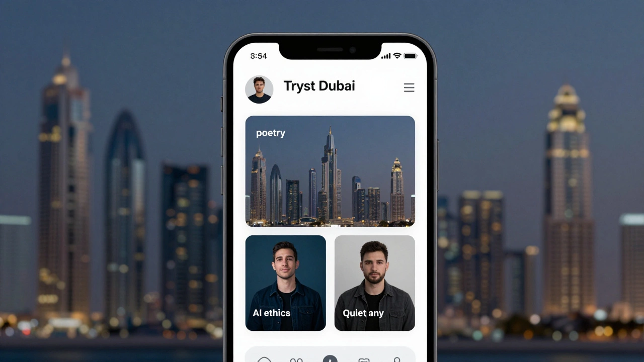 Smartphone screen showing a companion-matching app with interest-based profiles, Dubai skyline blurred behind.
