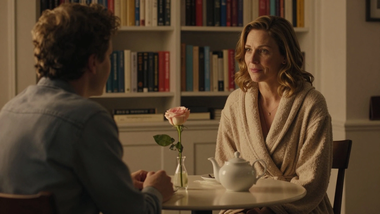 Two people sharing a quiet evening with tea and a rose, radiating dignified emotional connection.